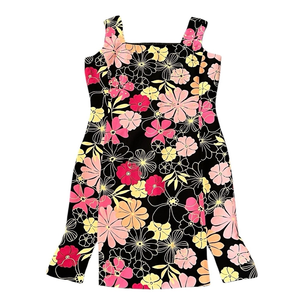 Amanda Smith Floral Sleeveless Dress Size 6 Square Neck Black Multicolor